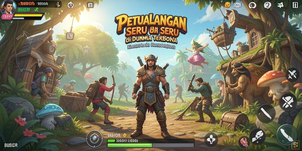Tangkapan layar gameplay <strong>888IDR</strong> yang menampilkan dunia terbuka yang luas dan penuh petualangan.