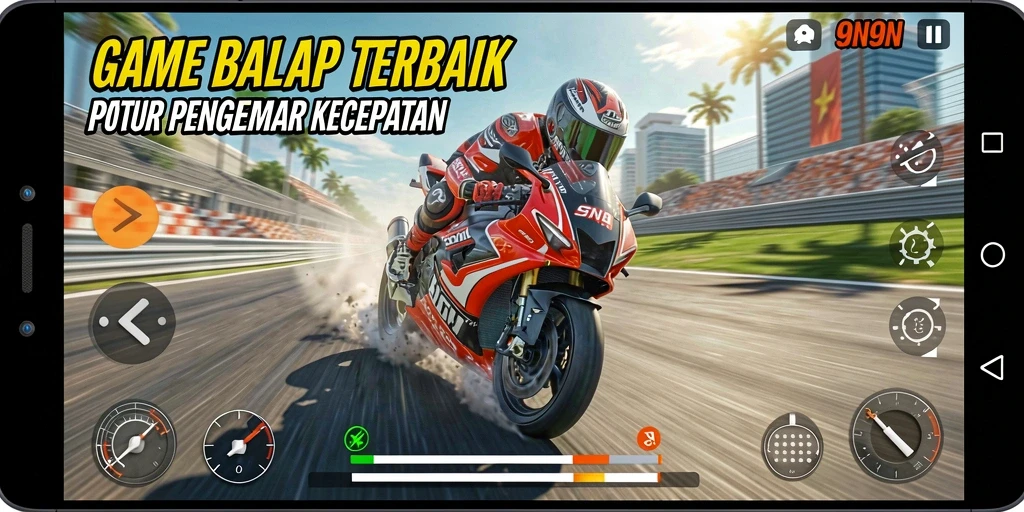 Screenshot gameplay 9N9N menampilkan aksi balapan motor yang mendebarkan.