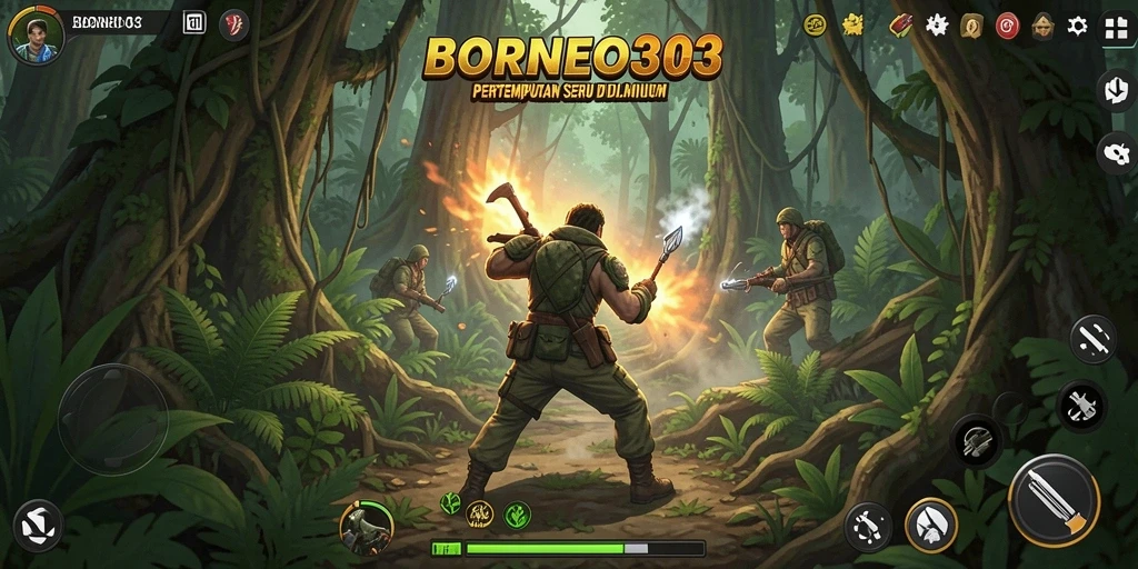 Tampilan aksi seru dari gameplay BORNEO303 di dalam hutan Borneo.