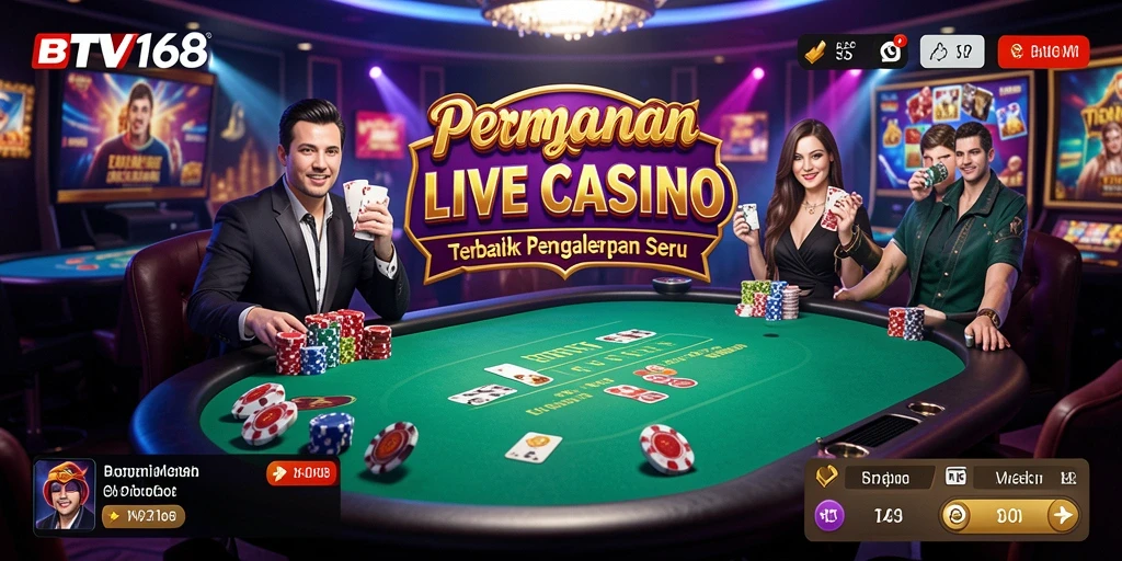 Screenshot gameplay Live Casino yang menunjukkan dealer langsung dan interaksi pemain.