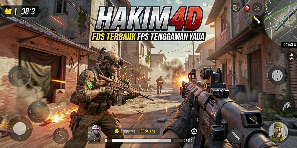 Screenshot utama HAKIM4D menampilkan aksi pertempuran FPS yang mendebarkan.