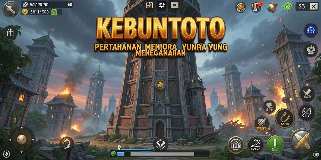 Tampilan gameplay KEBUNTOTO dengan menara pertahanan yang kokoh.