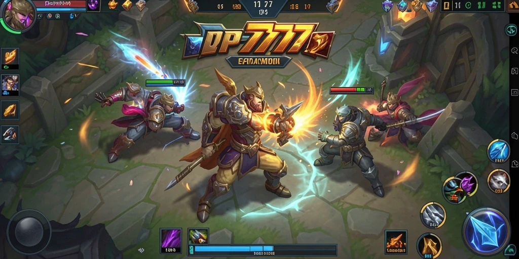 Screenshot gameplay <strong>PF777</strong> menunjukkan pertarungan MOBA yang seru dan intens.